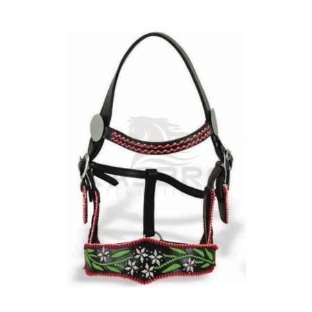Leather Haflinger Halter with green white Red Pvc Wire Embroidery